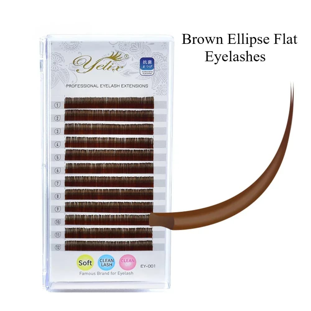 Lông mi Flat Ellipse Nâu Đầu Chẻ B/C/D Curl 12 Hàng